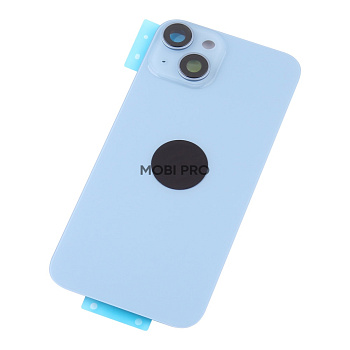 Задняя крышка для iPhone 14 в сборе со стеклом камеры Синий (стекло, монолит, MagSafe, логотип) - Премиум