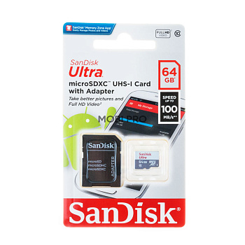 Карта памяти MicroSDHC 64GB Class 10 SanDisk Ultra Light UHS-I 100MB/s + SD адаптер