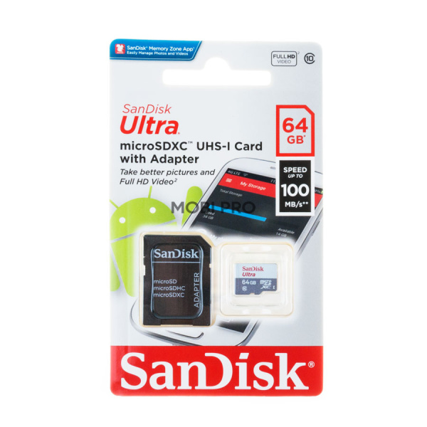 Карта памяти MicroSDHC 64GB Class 10 SanDisk Ultra Light UHS-I 100MB/s + SD адаптер