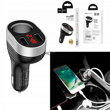 Автомобильное зарядное устройство USB Hoco Z29 (15.5W, 2USB+12V розетка, LED дисплей) Черный